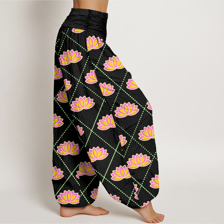 Pantalon sarouel décontracté à taille élastique pour femme avec motif de fleurs de lotus vibrantes et Buddha Stones - image 6