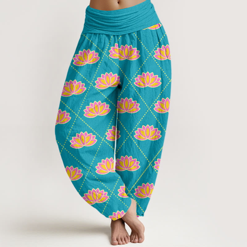 Pantalon sarouel décontracté à taille élastique pour femme avec motif de fleurs de lotus vibrantes et Buddha Stones - Bleu ciel profond - US22，UK/AU26，EU54 (6XL) - image 8