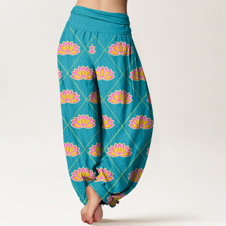 Pantalon sarouel décontracté à taille élastique pour femme avec motif de fleurs de lotus vibrantes et Buddha Stones - image 9