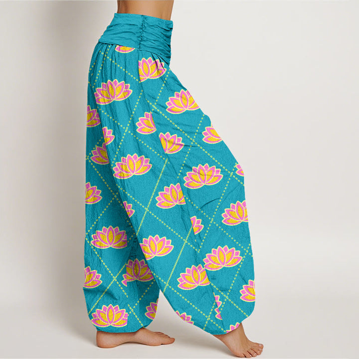 Pantalon sarouel décontracté à taille élastique pour femme avec motif de fleurs de lotus vibrantes et Buddha Stones - image 9