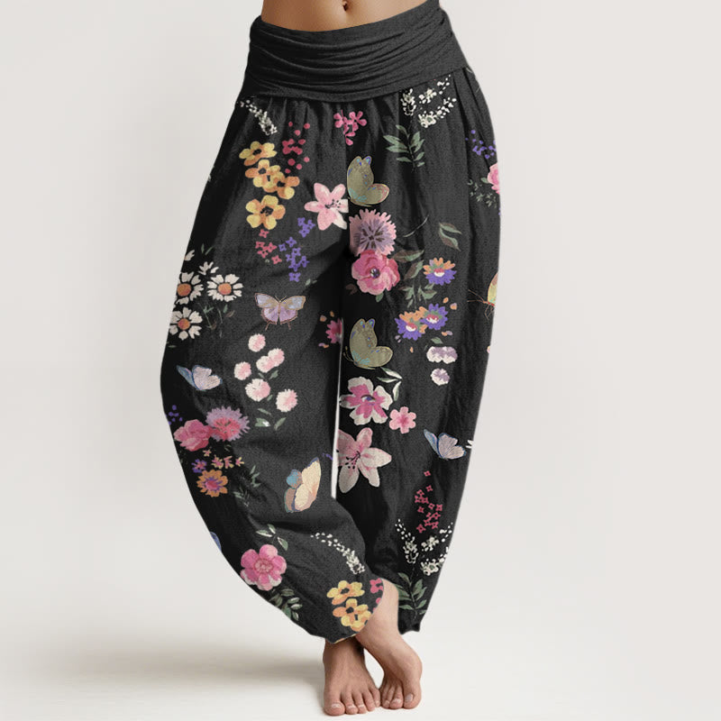 Pantalon sarouel décontracté à taille élastique pour femme, motif fleurs et papillons colorés, Buddha Stones - Noir - US22，UK/AU26，EU54 (6XL) - image 0