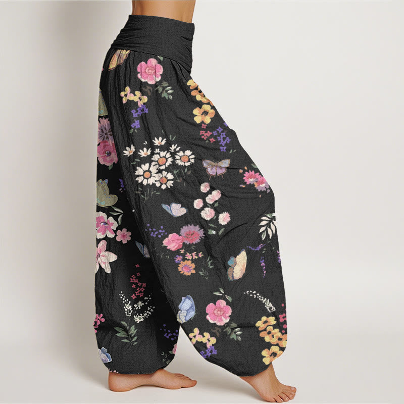 Pantalon sarouel décontracté à taille élastique pour femme, motif fleurs et papillons colorés, Buddha Stones - image 1