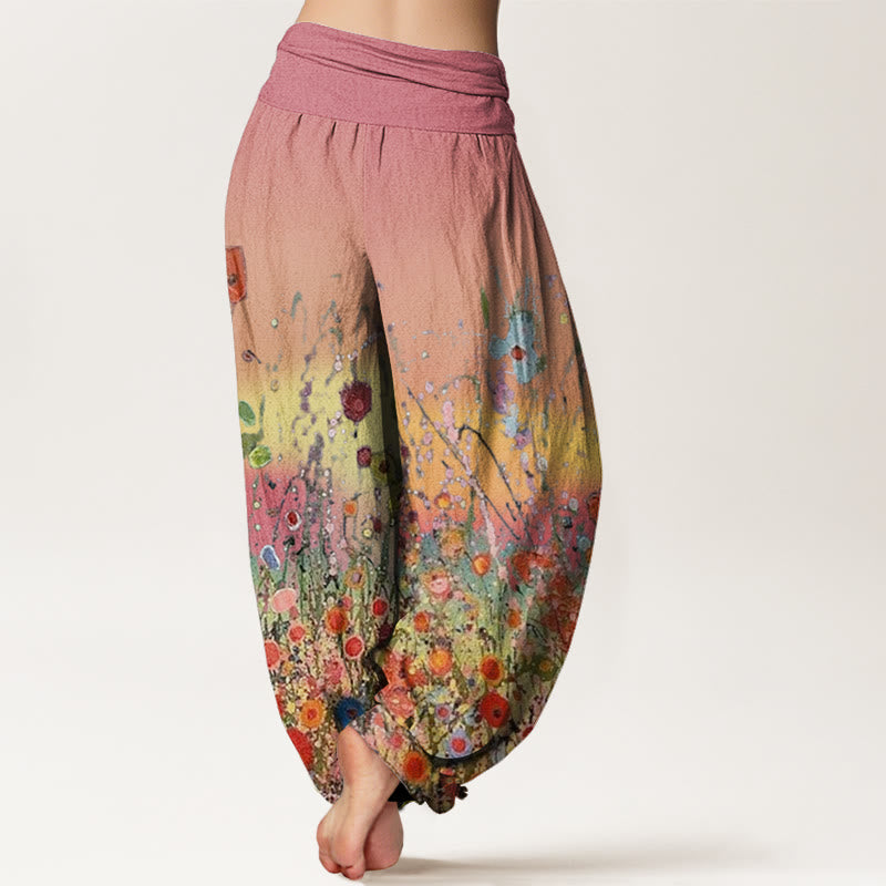 Pantalon harem femme en coton décontracté à motif floral coloré dégradé et Buddha Stones , taille élastique - image 1