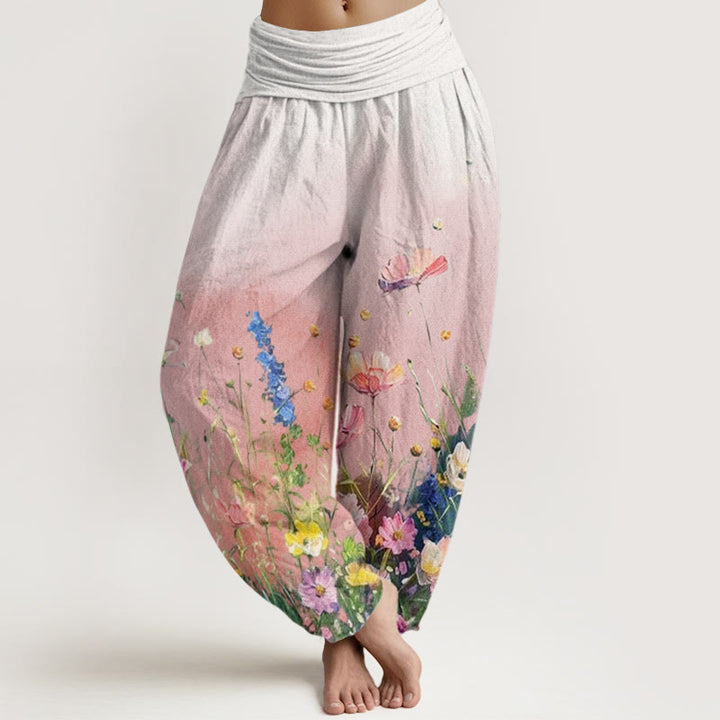 Pantalon harem femme en coton à motif floral aquarelle style décontracté avec Buddha Stones - Rose - US22，UK/AU26，EU54 (6XL) - image 0