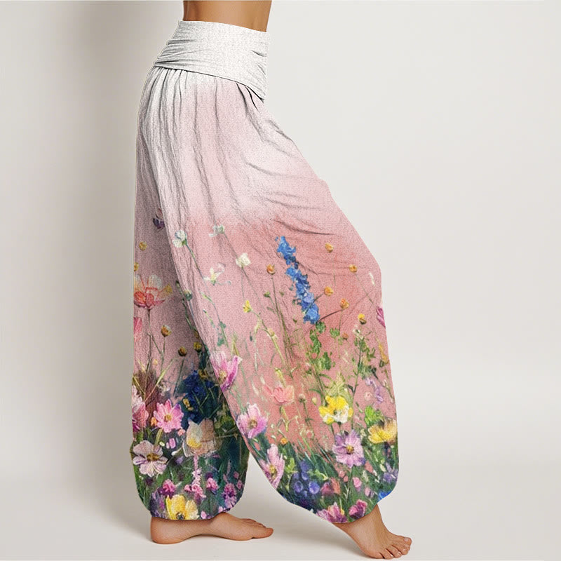 Pantalon harem femme en coton à motif floral aquarelle style décontracté avec Buddha Stones - image 1