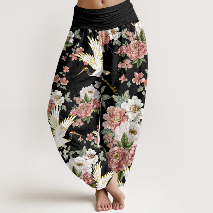 Pantalon harem à taille élastique pour femme, en coton décontracté, motif grues et pivoines fleuries, orné de Buddha Stones - Noir - US22，UK/AU26，EU54 (6XL) - image 0
