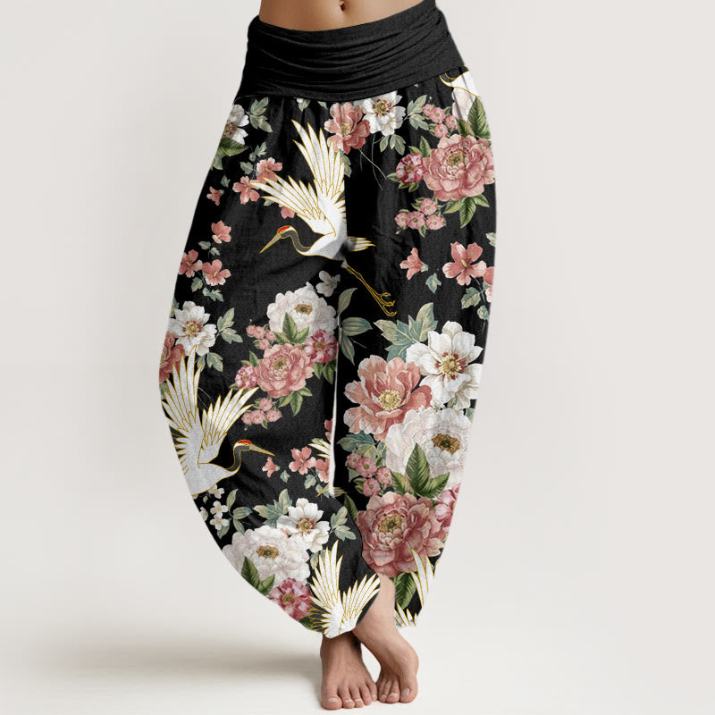 Pantalon sarouel décontracté à taille élastique pour femme, motif grues et pivoines en fleurs, Buddha Stones - Noir - US22，UK/AU26，EU54 (6XL) - image 1