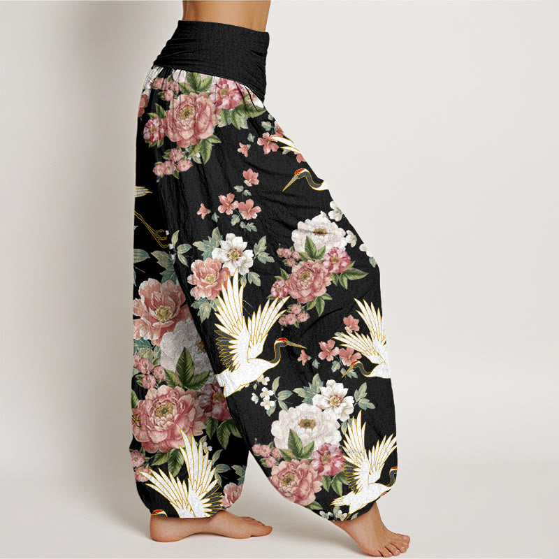 Pantalon sarouel décontracté à taille élastique pour femme, motif grues et pivoines en fleurs, Buddha Stones - image 1
