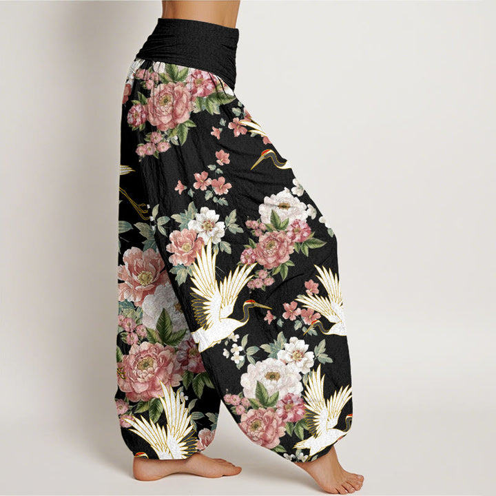 Pantalon harem à taille élastique pour femme, en coton décontracté, motif grues et pivoines fleuries, orné de Buddha Stones - image 1