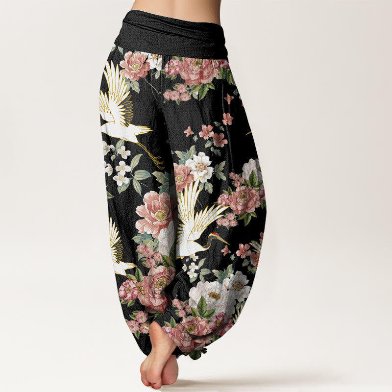 Pantalon sarouel décontracté à taille élastique pour femme, motif grues et pivoines en fleurs, Buddha Stones - image 3