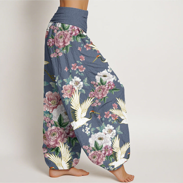 Pantalon harem à taille élastique pour femme, en coton décontracté, motif grues et pivoines fleuries, orné de Buddha Stones - image 5