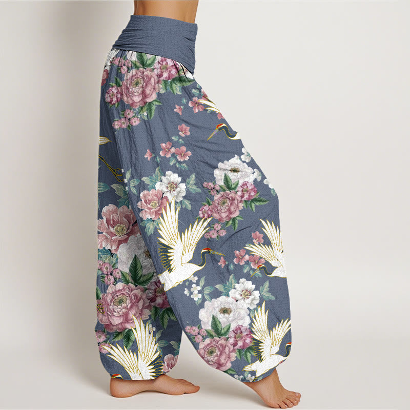 Pantalon sarouel décontracté à taille élastique pour femme, motif grues et pivoines en fleurs, Buddha Stones - image 6