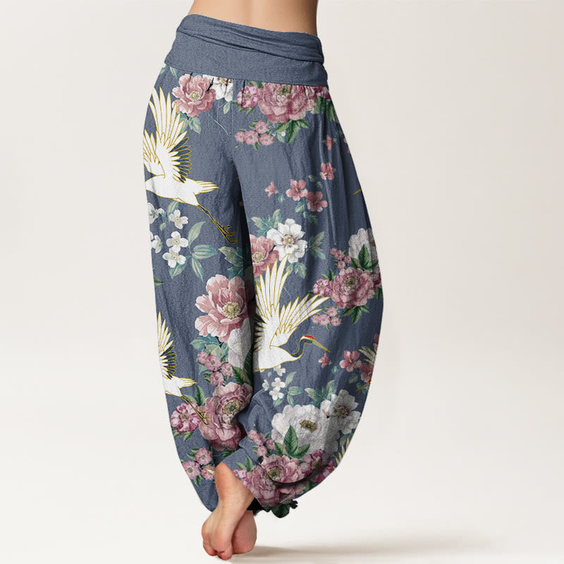 Pantalon harem à taille élastique pour femme, en coton décontracté, motif grues et pivoines fleuries, orné de Buddha Stones - image 6