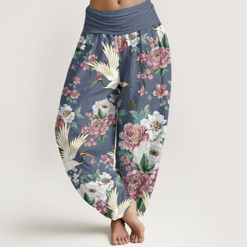 Pantalon harem à taille élastique pour femme, en coton décontracté, motif grues et pivoines fleuries, orné de Buddha Stones - Bleuet - US22，UK/AU26，EU54 (6XL) - image 4