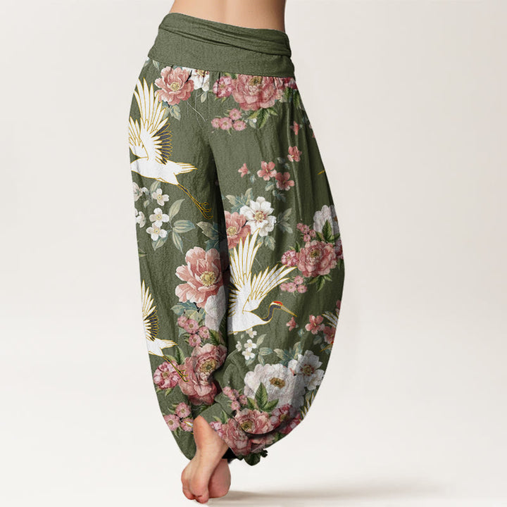 Pantalon harem à taille élastique pour femme, en coton décontracté, motif grues et pivoines fleuries, orné de Buddha Stones - image 9