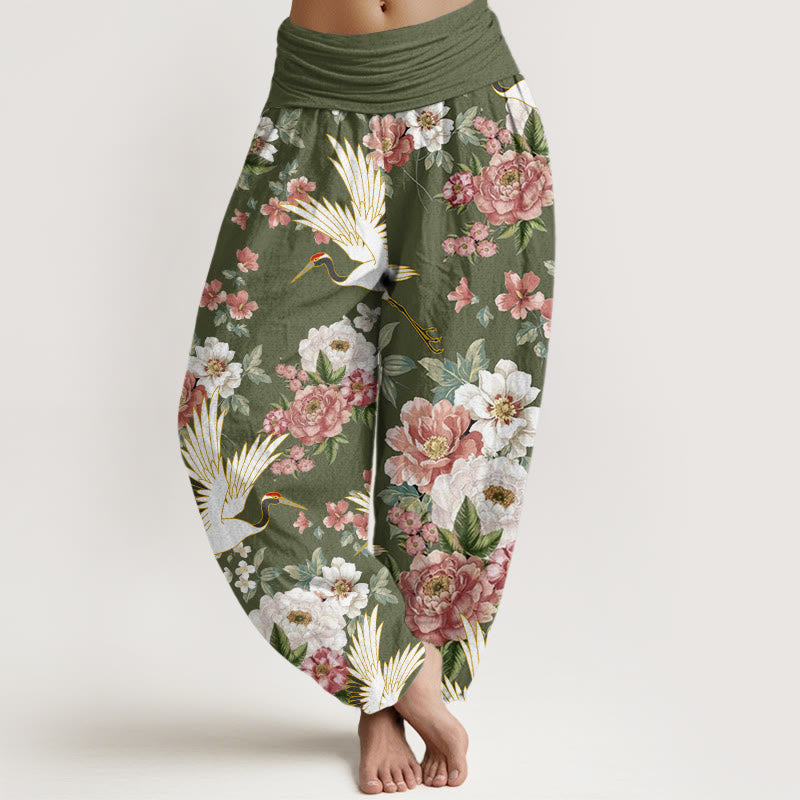 Pantalon harem à taille élastique pour femme, en coton décontracté, motif grues et pivoines fleuries, orné de Buddha Stones - Vert olive - US22，UK/AU26，EU54 (6XL) - image 7