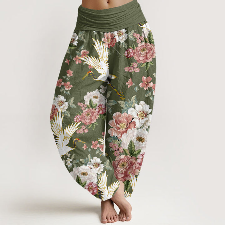 Pantalon harem à taille élastique pour femme, en coton décontracté, motif grues et pivoines fleuries, orné de Buddha Stones - Vert olive - US22，UK/AU26，EU54 (6XL) - image 7