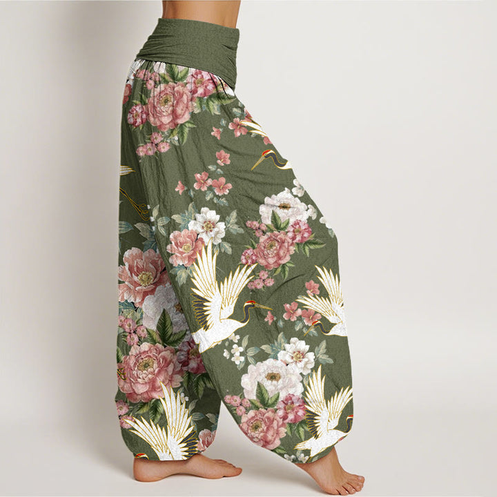 Pantalon harem à taille élastique pour femme, en coton décontracté, motif grues et pivoines fleuries, orné de Buddha Stones - image 8
