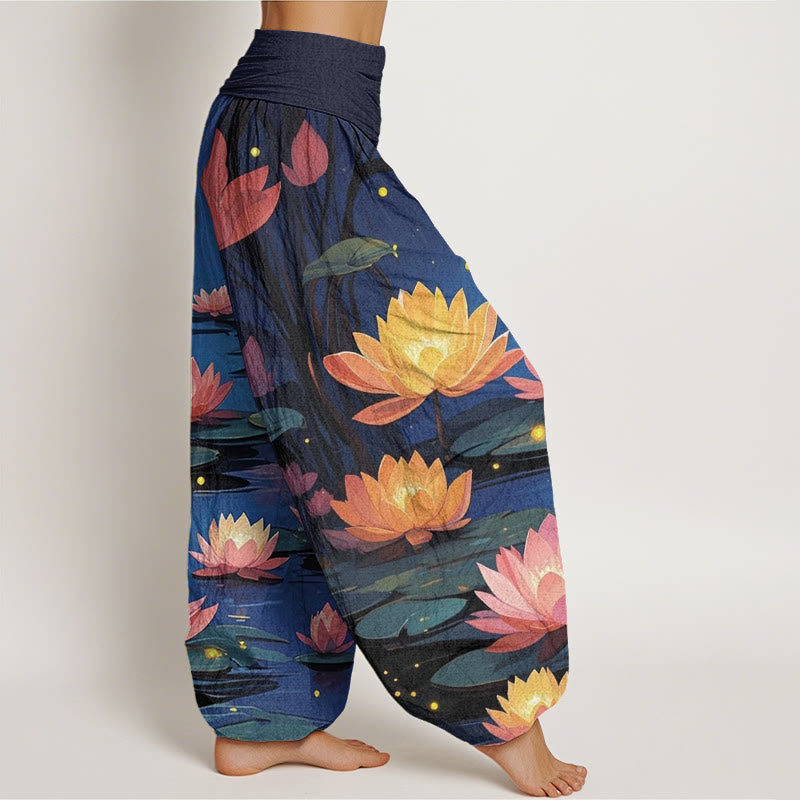 Pantalon sarouel décontracté à taille élastique pour femme, motif lotus nocturne et paisible, motif Buddha Stones - image 1