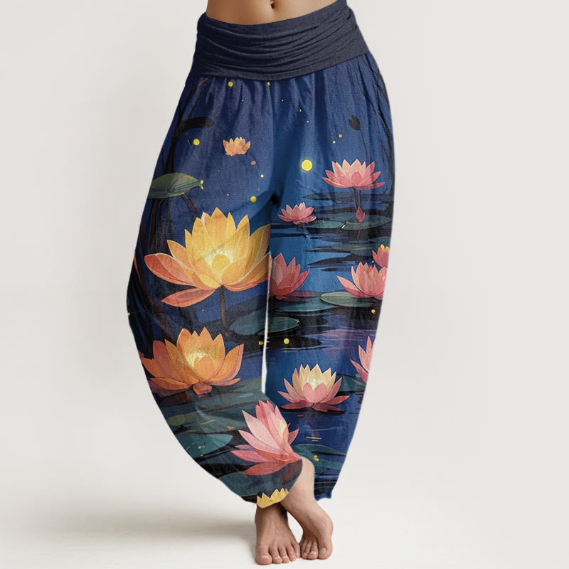 Pantalon sarouel décontracté à taille élastique pour femme, motif lotus nocturne et paisible, motif Buddha Stones - Marine - US22，UK/AU26，EU54 (6XL) - image 0