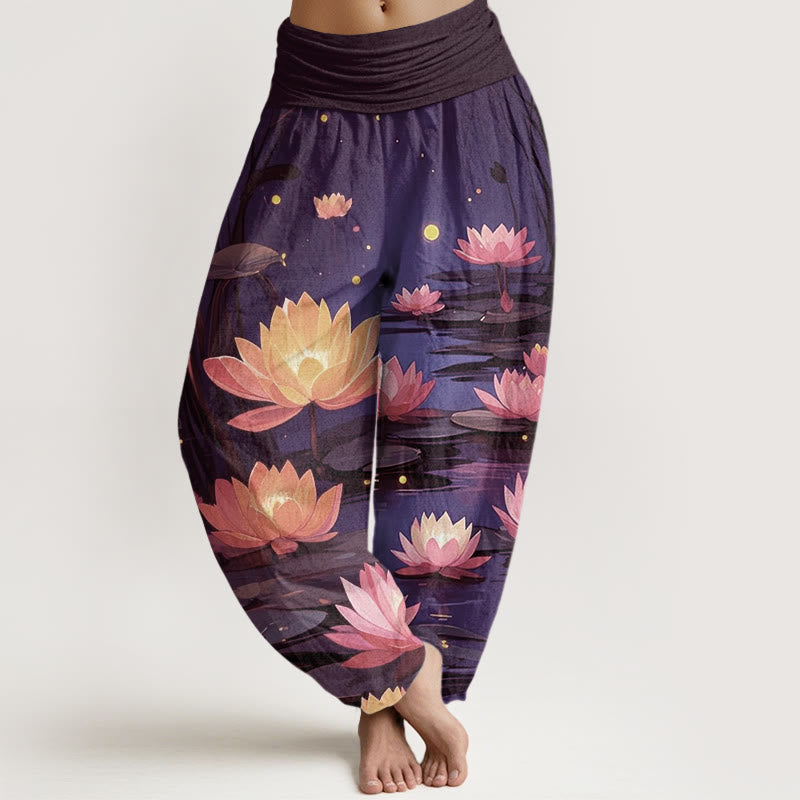 Pantalon sarouel décontracté à taille élastique pour femme, motif lotus nocturne et paisible, motif Buddha Stones - Indigo - US22，UK/AU26，EU54 (6XL) - image 4