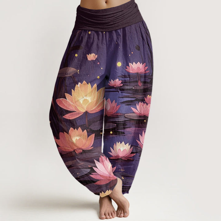 Pantalon sarouel décontracté à taille élastique pour femme, motif lotus nocturne et paisible, motif Buddha Stones - Indigo - US22，UK/AU26，EU54 (6XL) - image 4
