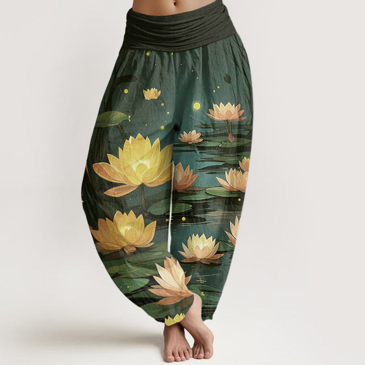 Pantalon harem femme en coton à motif lotus, style décontracté et paisible, avec Buddha Stones et taille élastique. - Vert foncé - US22，UK/AU26，EU54 (6XL) - image 7
