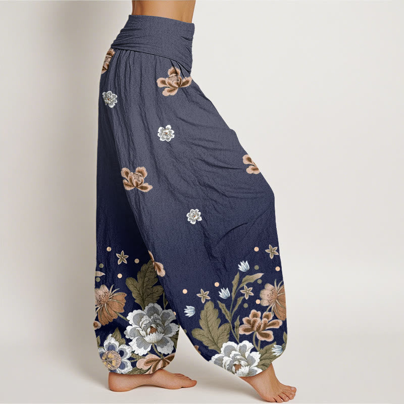 Pantalon sarouel décontracté à taille élastique pour femme avec motif de fleurs en fleurs et Buddha Stones - image 1