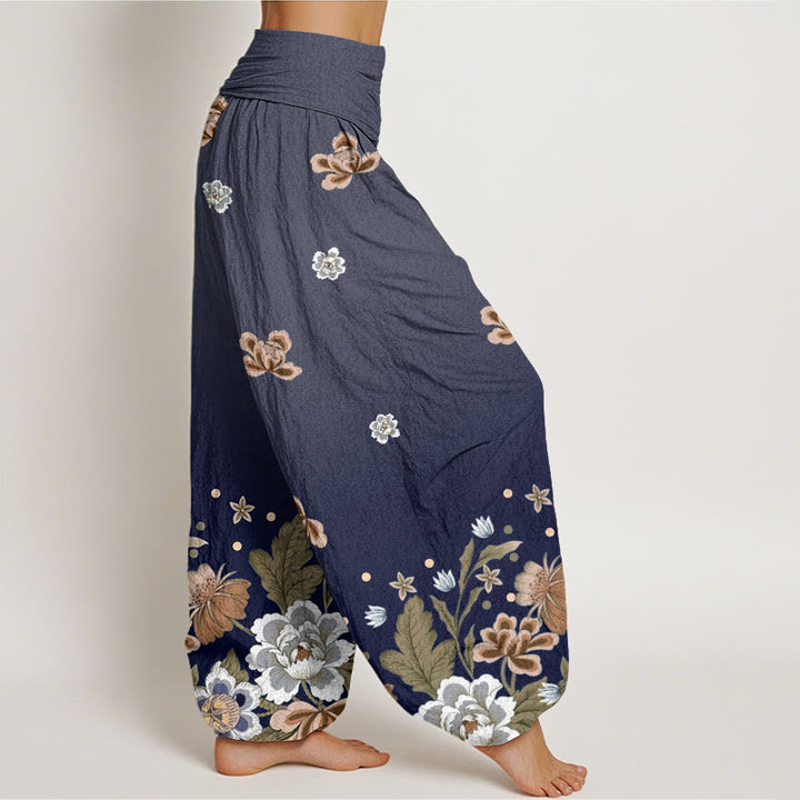 Pantalon sarouel décontracté à taille élastique pour femme avec motif de fleurs en fleurs et Buddha Stones - image 1