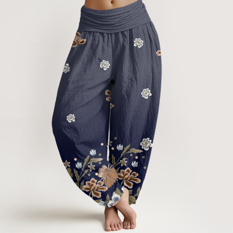 Pantalon sarouel décontracté à taille élastique pour femme avec motif de fleurs en fleurs et Buddha Stones - Marine - US22，UK/AU26，EU54 (6XL) - image 1