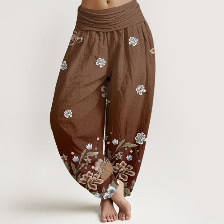 Pantalon sarouel décontracté à taille élastique pour femme avec motif de fleurs en fleurs et Buddha Stones - SaddleBrown - US22，UK/AU26，EU54 (6XL) - image 4