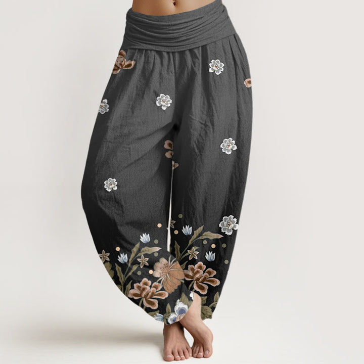 Pantalon sarouel décontracté à taille élastique pour femme avec motif de fleurs en fleurs et Buddha Stones - Noir - US22，UK/AU26，EU54 (6XL) - image 8