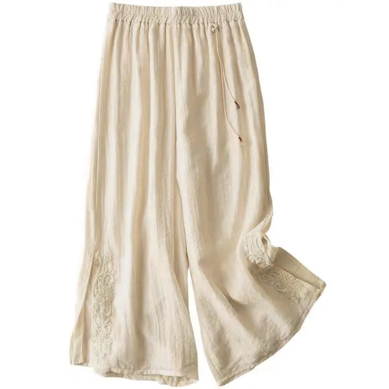 Pantalon large en coton et lin pour femme, avec poches, style rétro décontracté, broderie avec cordon de serrage, motif Buddha Stones - image 1