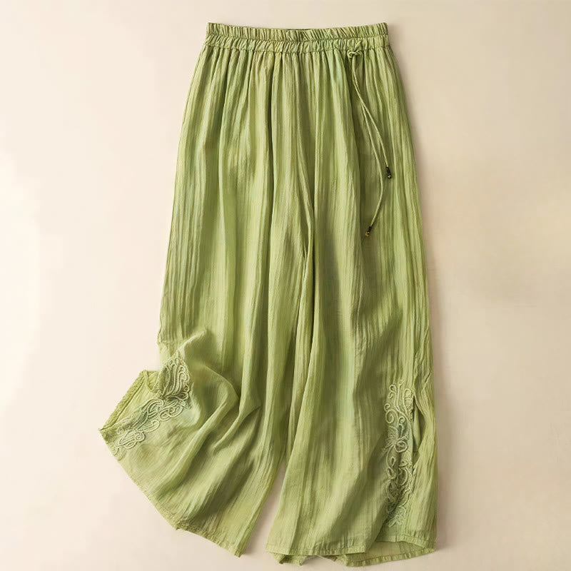 Pantalon large en coton et lin pour femme, avec poches, style rétro décontracté, broderie avec cordon de serrage, motif Buddha Stones