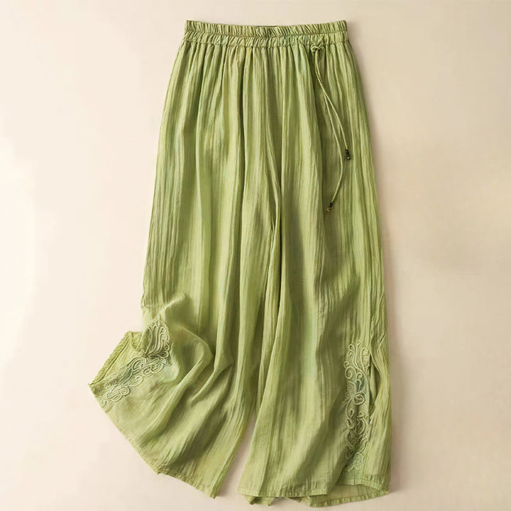 Pantalon large en coton et lin pour femme, avec poches, style rétro décontracté, broderie avec cordon de serrage, motif Buddha Stones