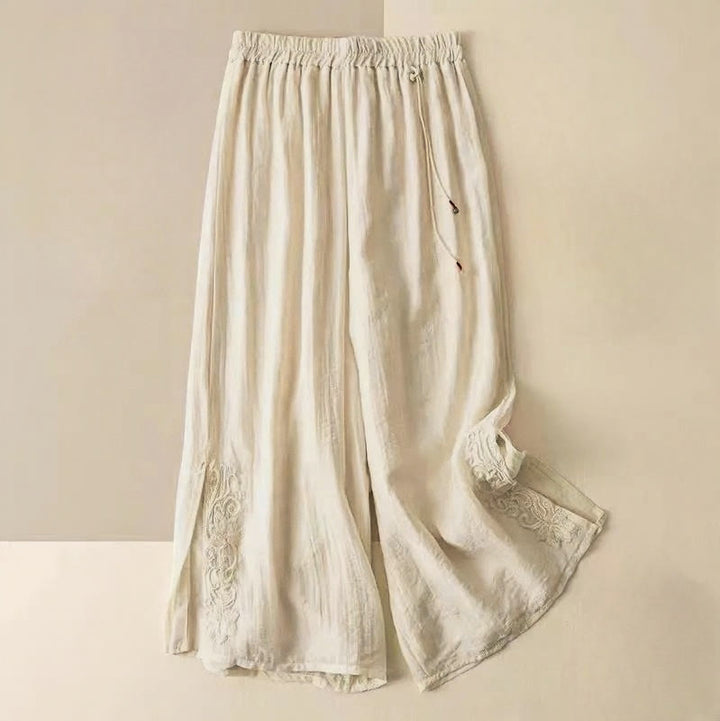 Pantalon large en coton et lin pour femme, avec poches, style rétro décontracté, broderie avec cordon de serrage, motif Buddha Stones