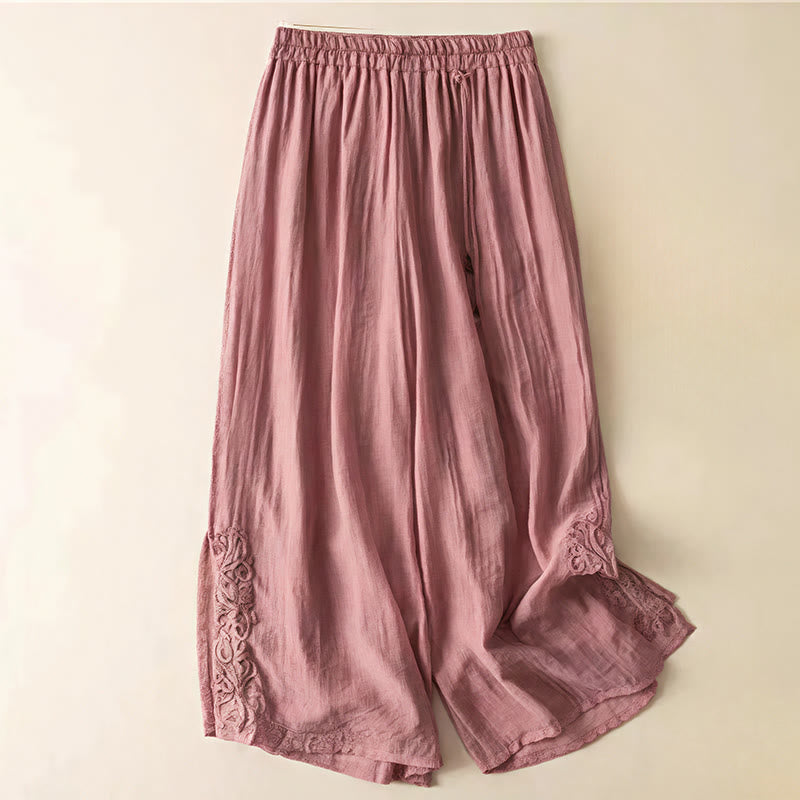 Pantalon large en coton et lin pour femme, avec poches, style rétro décontracté, broderie avec cordon de serrage, motif Buddha Stones