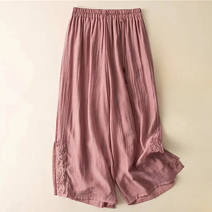 Pantalon large en coton et lin pour femme, avec poches, style rétro décontracté, broderie avec cordon de serrage, motif Buddha Stones