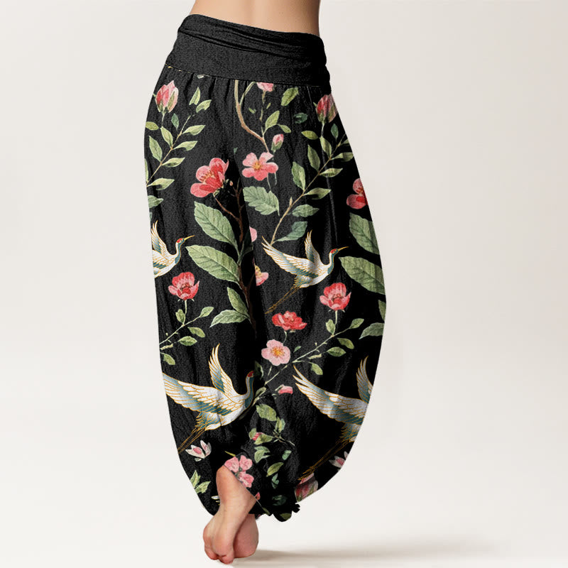 Pantalon harem femme en coton décontracté à motif de fleurs rouges et de grues, avec taille élastique et Buddha Stones - image 2