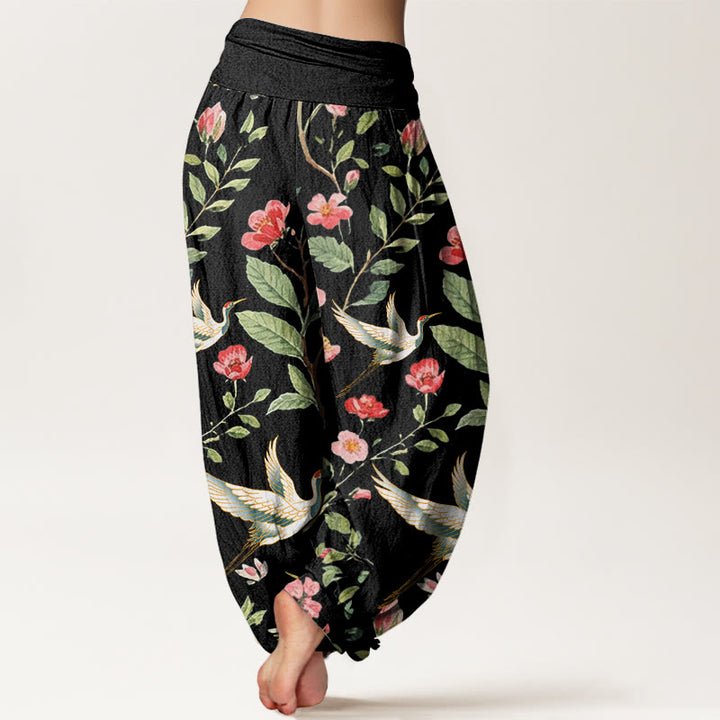 Pantalon Buddha Stones décontracté à taille élastique pour femme avec motif de grue et fleurs rouges - image 3