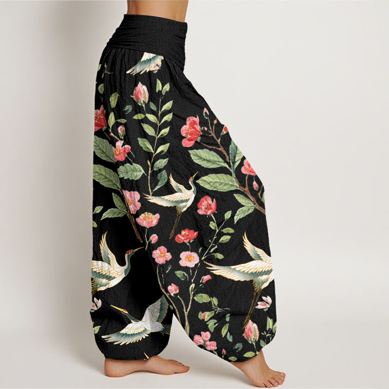 Pantalon harem femme en coton décontracté à motif de fleurs rouges et de grues, avec taille élastique et Buddha Stones - image 1