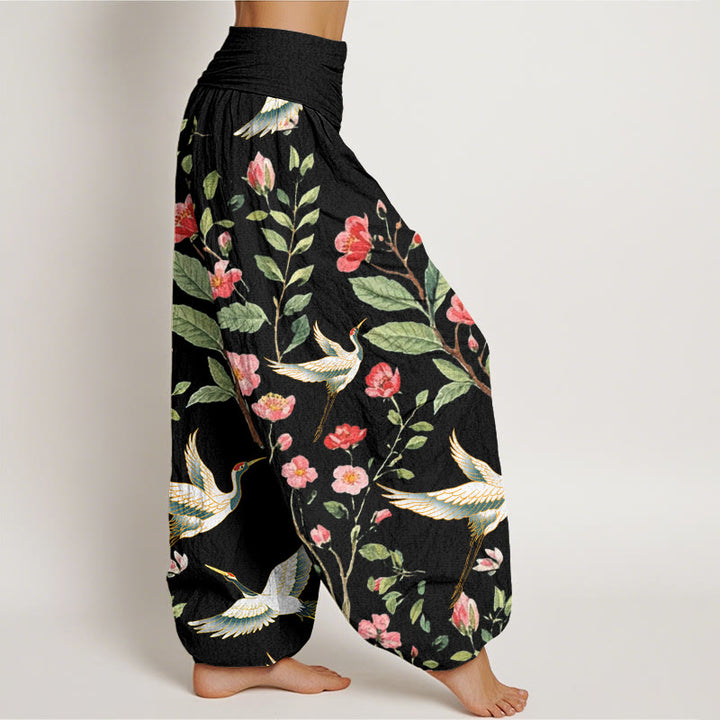 Pantalon harem femme en coton décontracté à motif de fleurs rouges et de grues, avec taille élastique et Buddha Stones - image 1