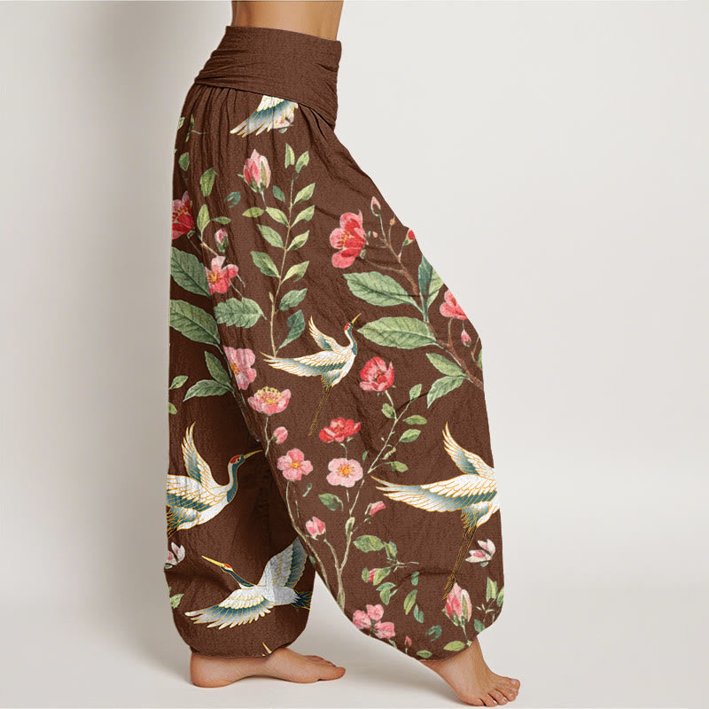 Pantalon Buddha Stones décontracté à taille élastique pour femme avec motif de grue et fleurs rouges - image 5