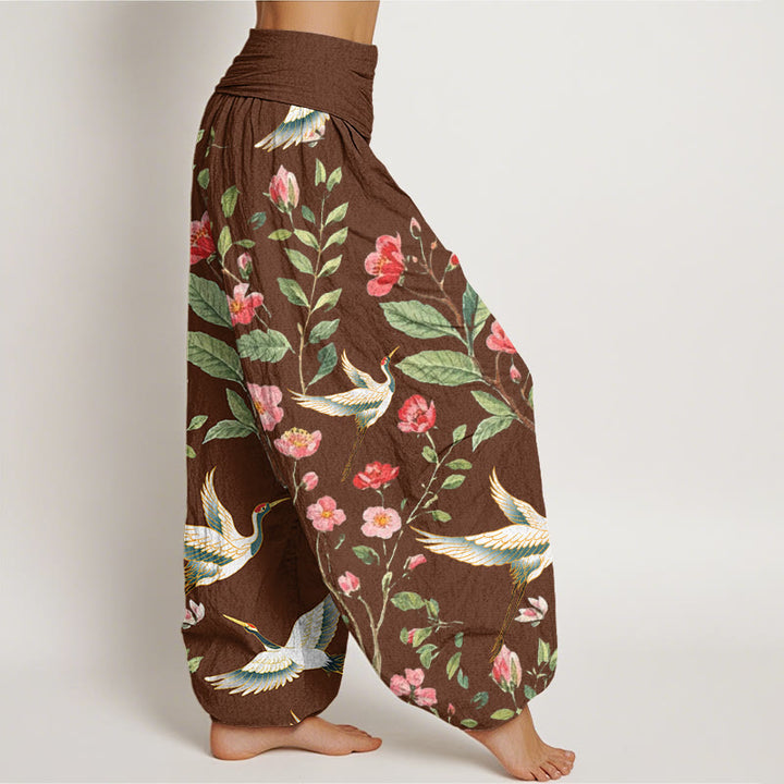 Pantalon harem femme en coton décontracté à motif de fleurs rouges et de grues, avec taille élastique et Buddha Stones - image 5