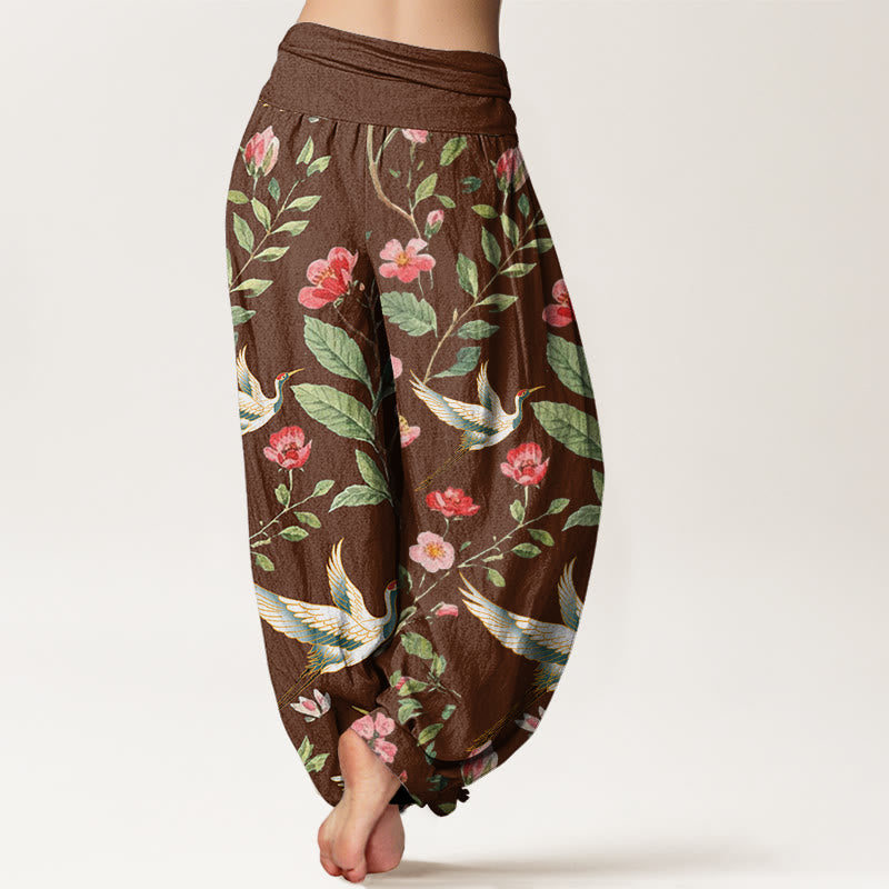 Pantalon harem femme en coton décontracté à motif de fleurs rouges et de grues, avec taille élastique et Buddha Stones - image 6