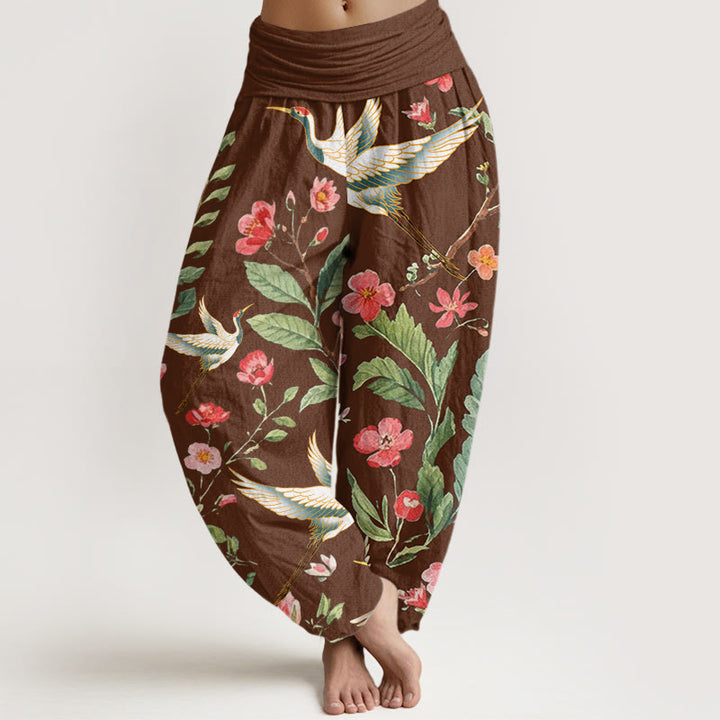 Pantalon harem femme en coton décontracté à motif de fleurs rouges et de grues, avec taille élastique et Buddha Stones - SaddleBrown - US22，UK/AU26，EU54 (6XL) - image 4