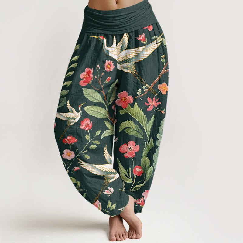 Pantalon harem femme en coton décontracté à motif de fleurs rouges et de grues, avec taille élastique et Buddha Stones - Vert foncé - US22，UK/AU26，EU54 (6XL) - image 7