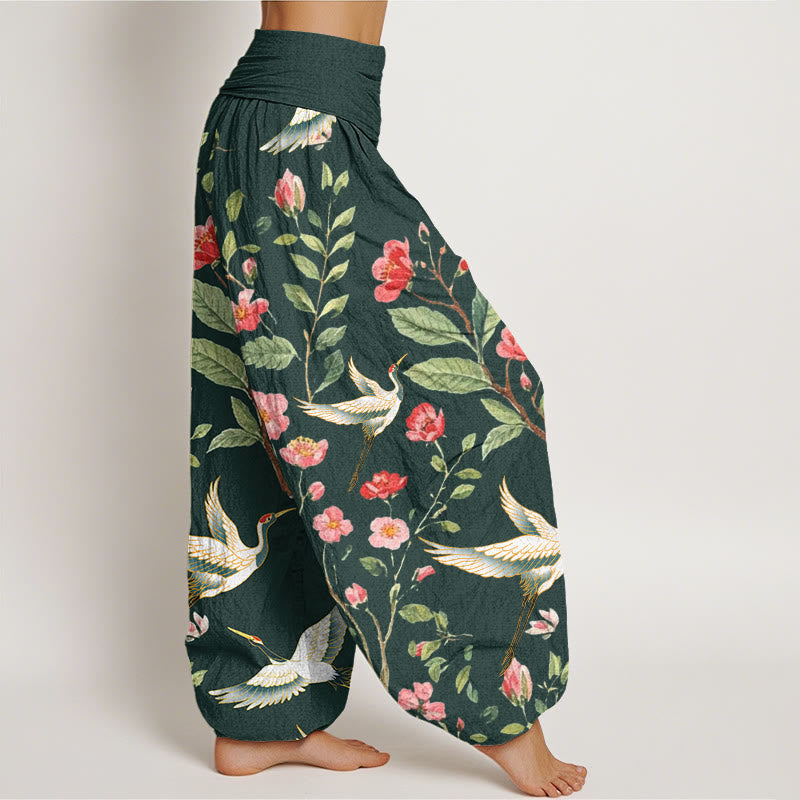 Pantalon harem femme en coton décontracté à motif de fleurs rouges et de grues, avec taille élastique et Buddha Stones - image 8