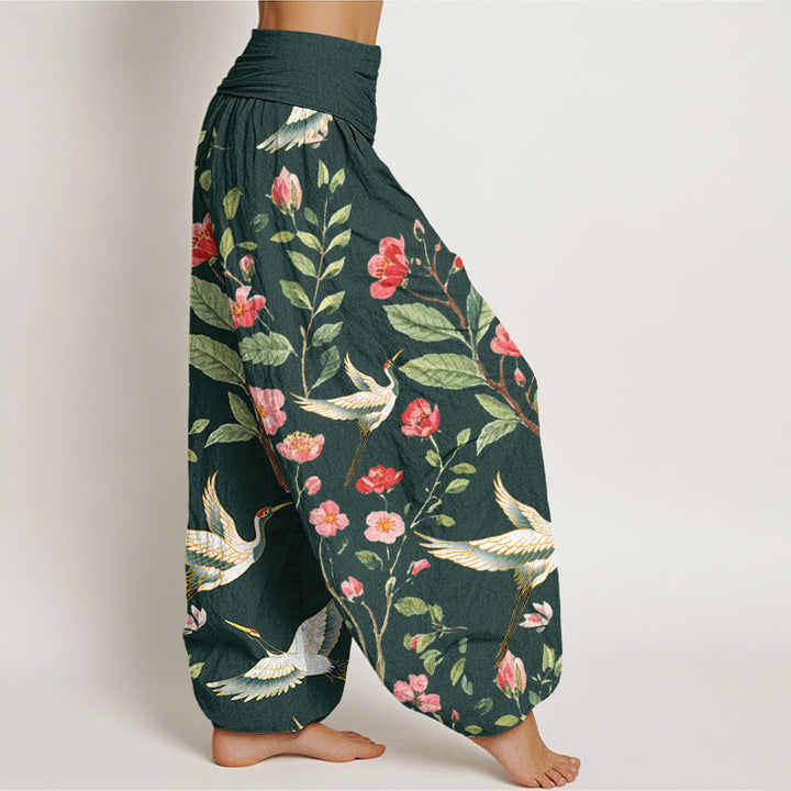 Pantalon harem femme en coton décontracté à motif de fleurs rouges et de grues, avec taille élastique et Buddha Stones - image 8