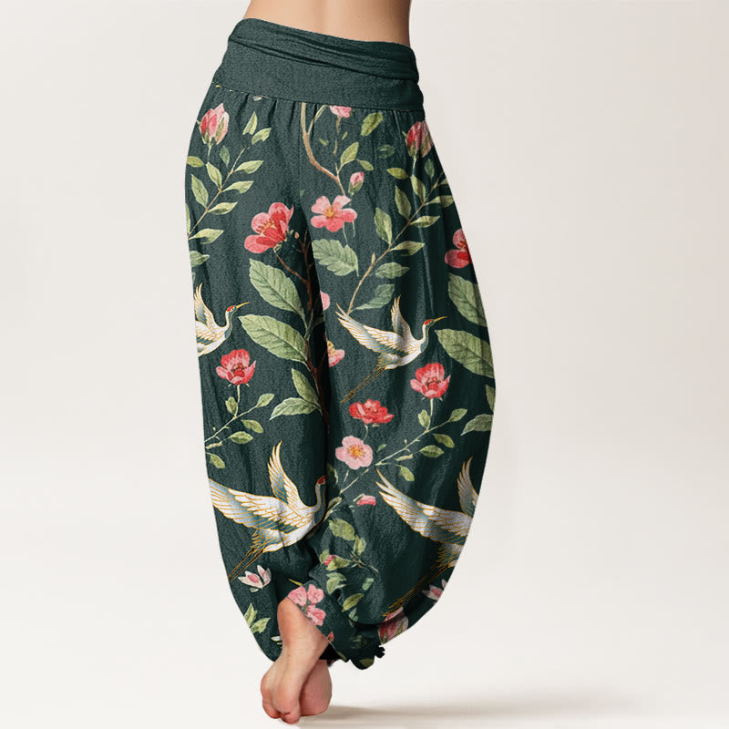 Pantalon harem femme en coton décontracté à motif de fleurs rouges et de grues, avec taille élastique et Buddha Stones - image 9